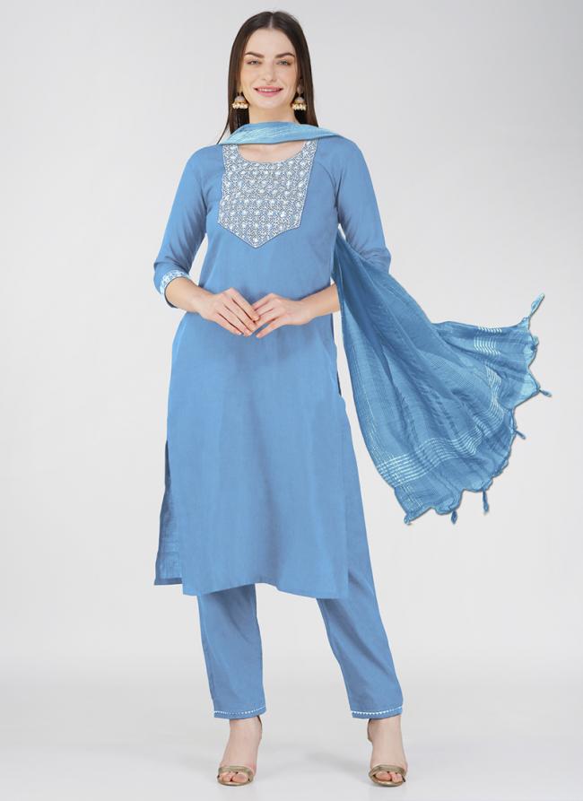 Cotton Sea Blue Daily Wear Embroidery Work Readymade Salwar Suit